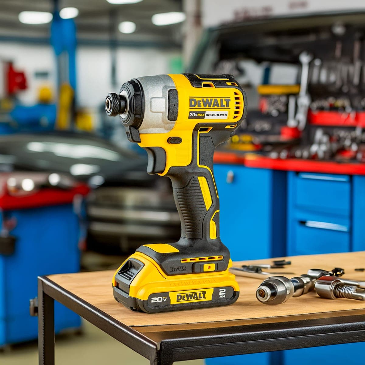 Two cordless tool batteries standing side by side on a workbench in flat daylight.