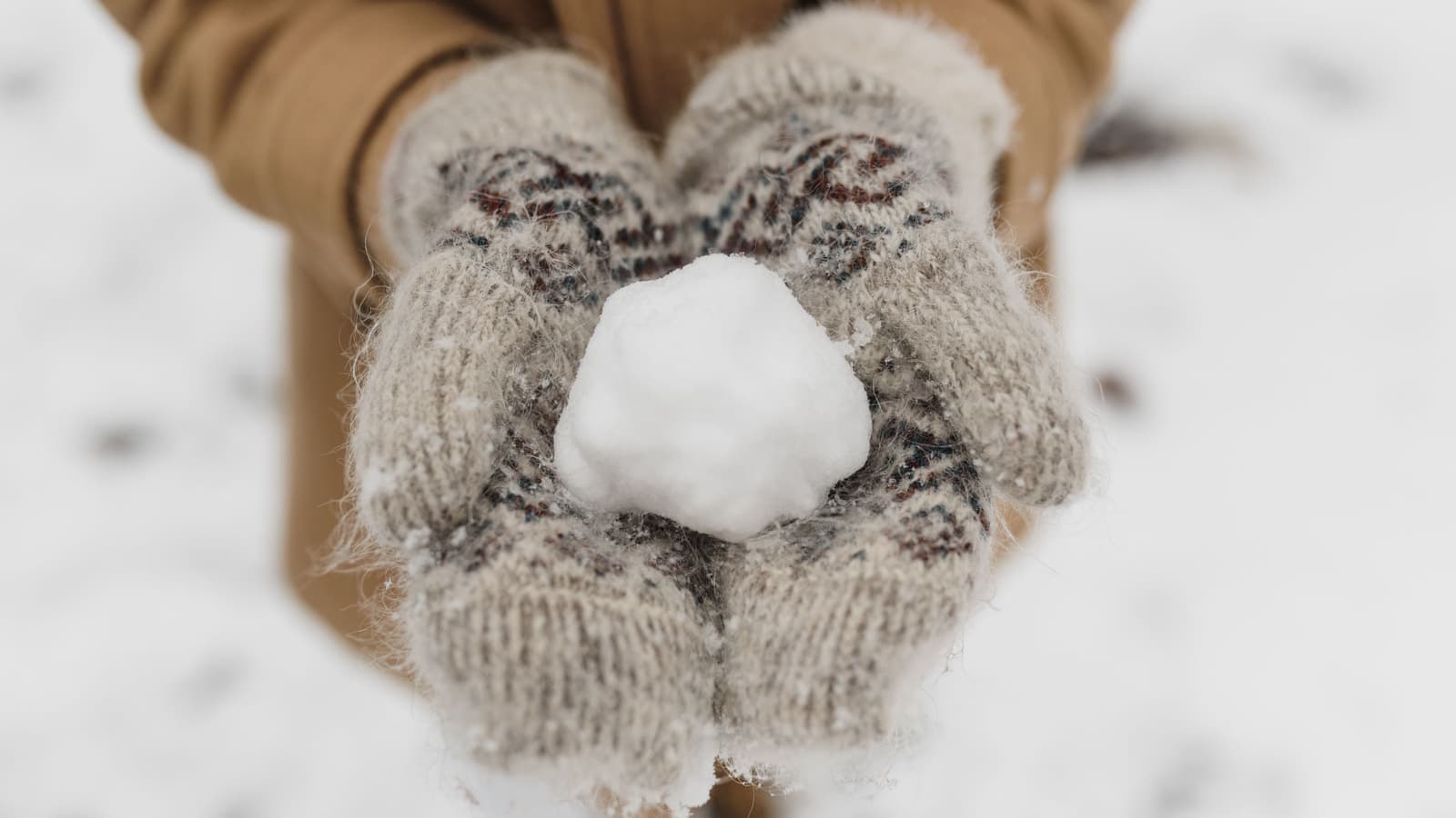 Close-up of hands in mittens holding a snowball on a snowy winter day.